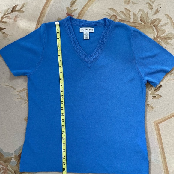 Cornflower Blue Sag Harbor, XL short sleeve sweater with decorative neckline - Picture 4 of 6